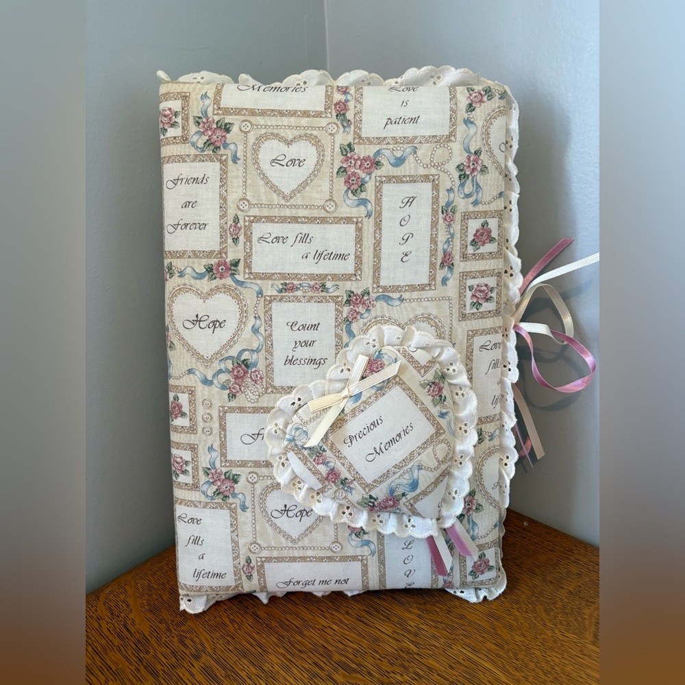 Vintage Fabric Covered Photo Album Shabby Chic Bow Heart Eyelet Scalloped Edge